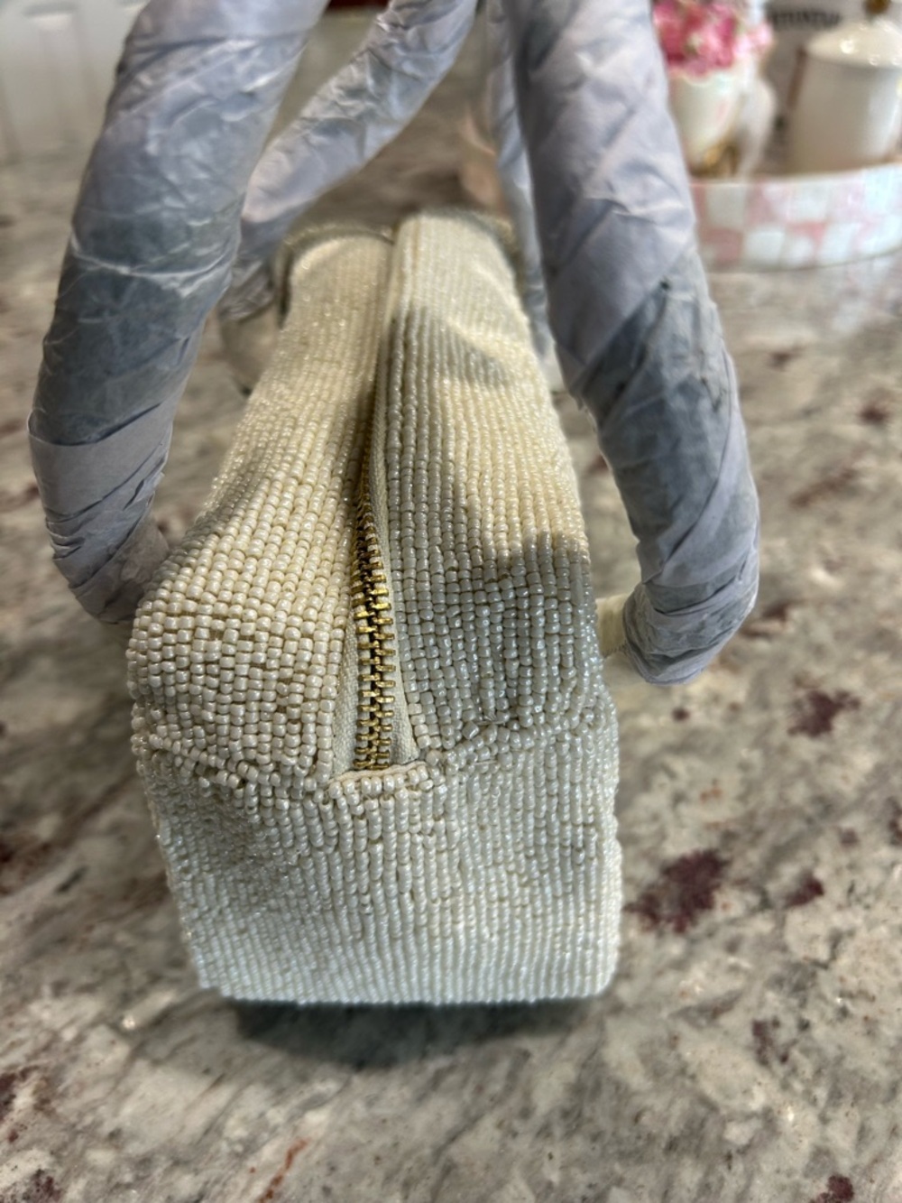 Anthropologie Beaded Cream Tote with Green Handles and Pink Accent - Picture 12 of 12